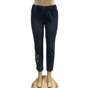 Soft Surroundings Metro Floral Embroidered Pull On Stretch Blue Jeans Petite S